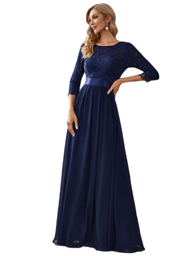 Vestido Elegante de Fiesta Largo Curvy Azul Marino con Encaje Cuello Redondo Manga 3/4 T.Ch y Tallas Extra