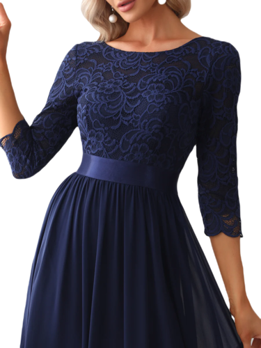 Vestido Elegante de Fiesta Largo Curvy Azul Marino con Encaje Cuello Redondo Manga 3/4 T.Ch y Tallas Extra