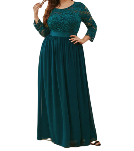 Vestido Elegante de Fiesta Largo Curvy Azul Petroleo con Encaje Cuello Redondo Manga 3/4 T.Ch y Tallas Extra