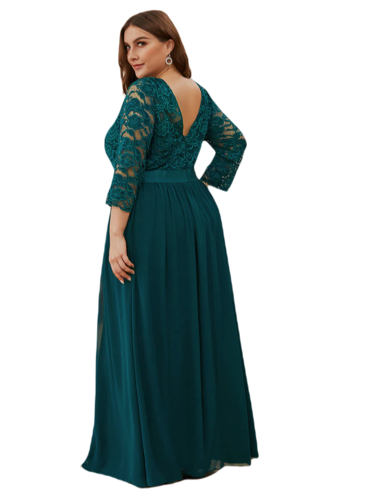 Vestido Elegante de Fiesta Largo Curvy Azul Petroleo con Encaje Cuello Redondo Manga 3/4 T.Ch y Tallas Extra