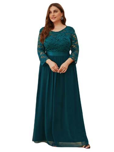 Vestido Elegante de Fiesta Largo Curvy Azul Petroleo con Encaje Cuello Redondo Manga 3/4 T.Ch y Tallas Extra