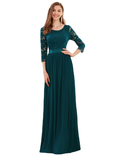 Vestido Elegante de Fiesta Largo Curvy Azul Petroleo con Encaje Cuello Redondo Manga 3/4 T.Ch y Tallas Extra