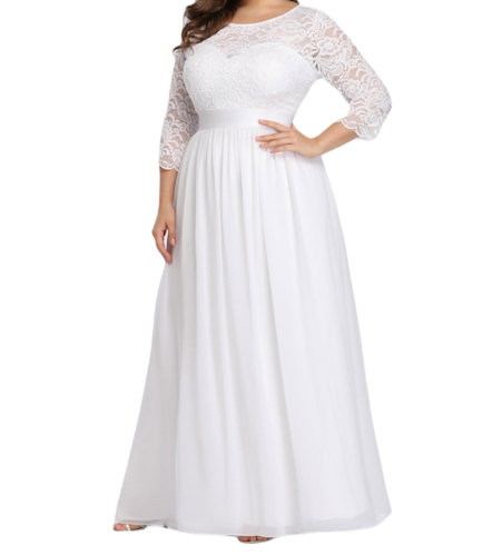 Vestido Elegante de Fiesta Largo Curvy Blanco Novia Boda con Encaje Cuello Redondo Manga 3/4 T.Ch y Tallas Extra