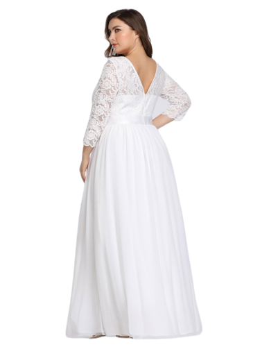 Vestido Elegante de Fiesta Largo Curvy Blanco Novia Boda con Encaje Cuello Redondo Manga 3/4 T.Ch y Tallas Extra
