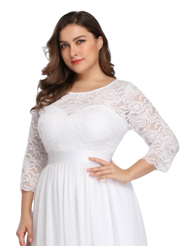 Vestido Elegante de Fiesta Largo Curvy Blanco Novia Boda con Encaje Cuello Redondo Manga 3/4 T.Ch y Tallas Extra
