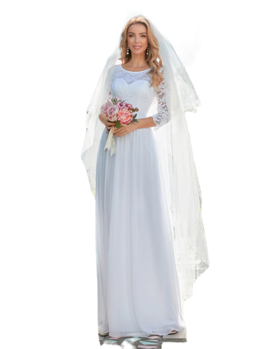 Vestido Elegante de Fiesta Largo Curvy Blanco Novia Boda con Encaje Cuello Redondo Manga 3/4 T.Ch y Tallas Extra