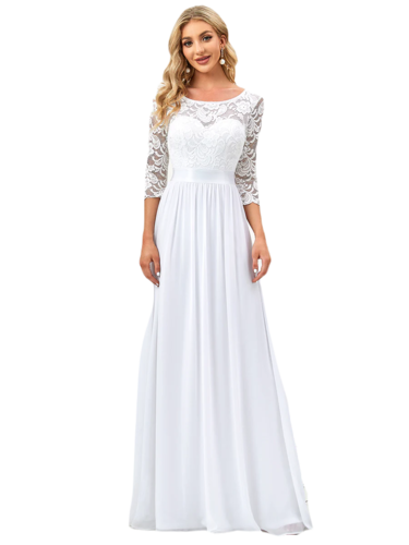 Vestido Elegante de Fiesta Largo Curvy Blanco Novia Boda con Encaje Cuello Redondo Manga 3/4 T.Ch y Tallas Extra