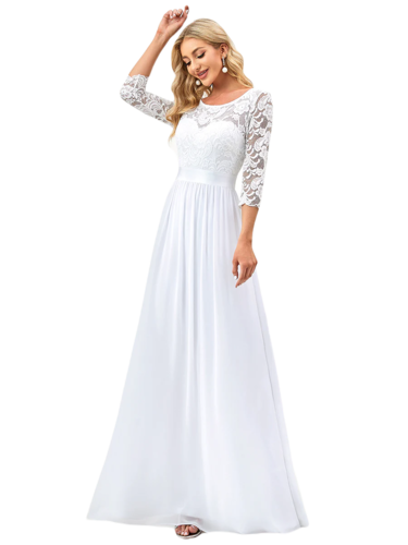 Vestido Elegante de Fiesta Largo Curvy Blanco Novia Boda con Encaje Cuello Redondo Manga 3/4 T.Ch y Tallas Extra