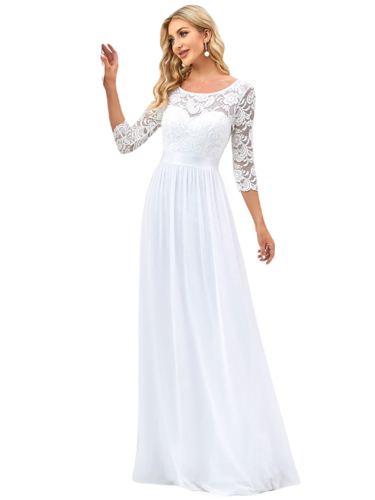 Vestido Elegante de Fiesta Largo Curvy Blanco Novia Boda con Encaje Cuello Redondo Manga 3/4 T.Ch y Tallas Extra