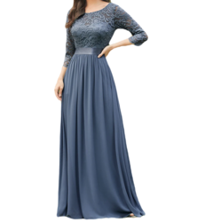 Vestido Elegante de Fiesta Largo Curvy Azul Acero con Encaje Cuello Redondo Manga 3/4 T.Ch y Tallas Extra