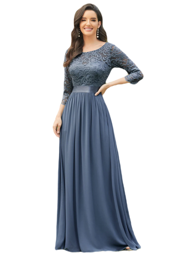 Vestido Elegante de Fiesta Largo Curvy Azul Acero con Encaje Cuello Redondo Manga 3/4 T.Ch y Tallas Extra