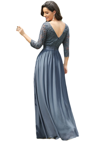 Vestido Elegante de Fiesta Largo Curvy Azul Acero con Encaje Cuello Redondo Manga 3/4 T.Ch y Tallas Extra