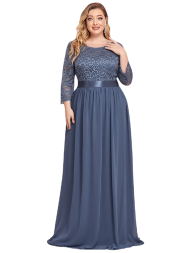Vestido Elegante de Fiesta Largo Curvy Azul Acero con Encaje Cuello Redondo Manga 3/4 T.Ch y Tallas Extra