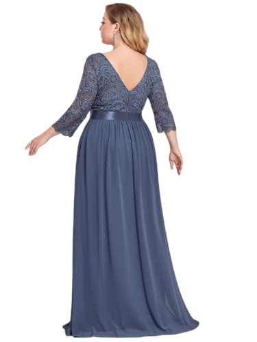 Vestido Elegante de Fiesta Largo Curvy Azul Acero con Encaje Cuello Redondo Manga 3/4 T.Ch y Tallas Extra