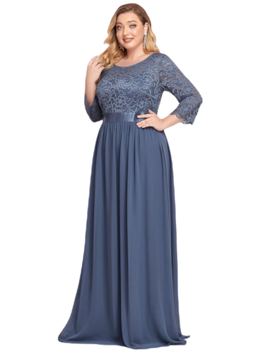 Vestido Elegante de Fiesta Largo Curvy Azul Acero con Encaje Cuello Redondo Manga 3/4 T.Ch y Tallas Extra