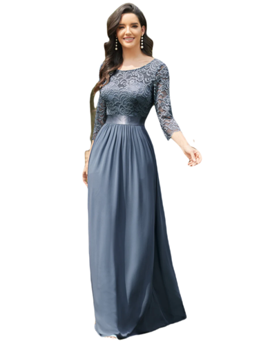 Vestido Elegante de Fiesta Largo Curvy Azul Acero con Encaje Cuello Redondo Manga 3/4 T.Ch y Tallas Extra