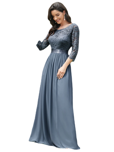 Vestido Elegante de Fiesta Largo Curvy Azul Acero con Encaje Cuello Redondo Manga 3/4 T.Ch y Tallas Extra
