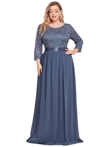 Vestido Elegante de Fiesta Largo Curvy Azul Acero con Encaje Cuello Redondo Manga 3/4 T.Ch y Tallas Extra