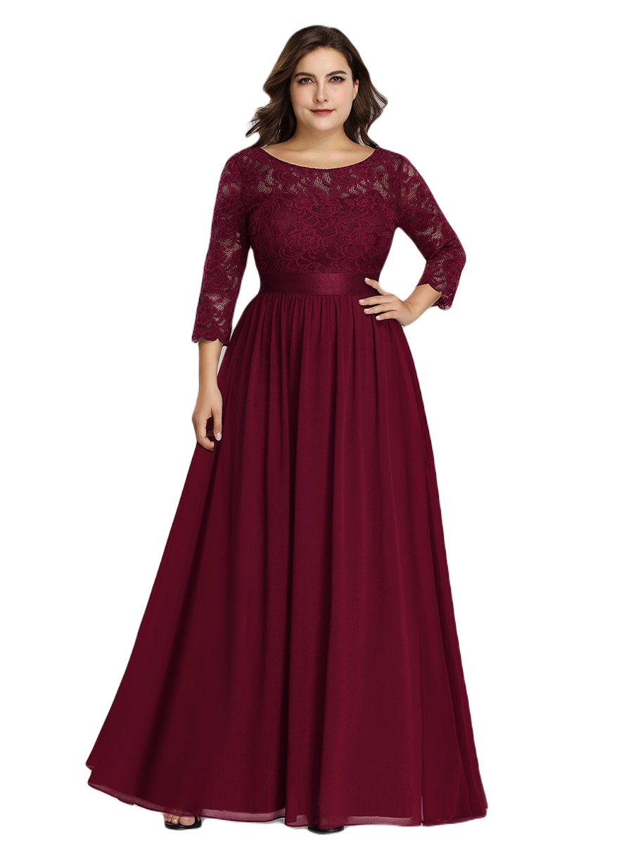 Vestido Elegante de Fiesta Largo Curvy Guinda Vino con Encaje