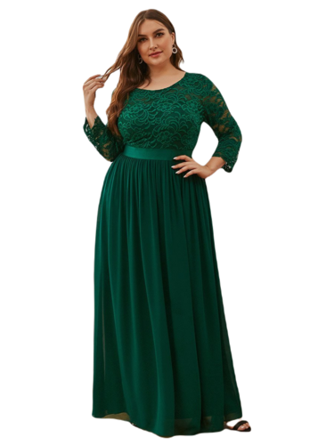 Vestido Elegante de Fiesta Largo Curvy Verde Esmeralda con Encaje Cuello Redondo Manga 3/4 T.Ch y Tallas Extra
