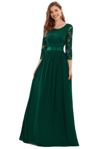 Vestido Elegante de Fiesta Largo Curvy Verde Esmeralda con Encaje Cuello Redondo Manga 3/4 T.Ch y Tallas Extra