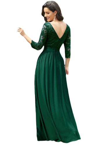 Vestido Elegante de Fiesta Largo Curvy Verde Esmeralda con Encaje Cuello Redondo Manga 3/4 T.Ch y Tallas Extra