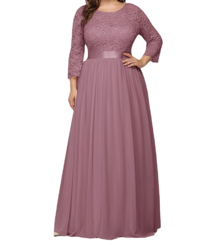 Vestido Elegante de Fiesta Largo Curvy Mauve Lila con Encaje Cuello Redondo Manga 3/4 T.Ch y Tallas Extra