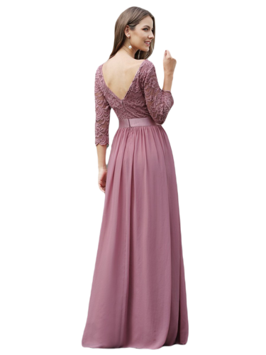 Vestido Elegante de Fiesta Largo Curvy Mauve Lila con Encaje Cuello Redondo Manga 3/4 T.Ch y Tallas Extra