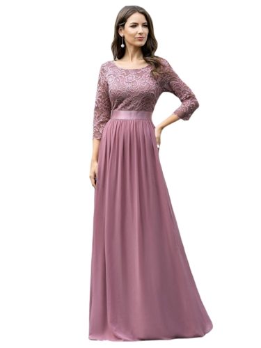 Vestido Elegante de Fiesta Largo Curvy Mauve Lila con Encaje Cuello Redondo Manga 3/4 T.Ch y Tallas Extra