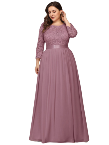 Vestido Elegante de Fiesta Largo Curvy Mauve Lila con Encaje Cuello Redondo Manga 3/4 T.Ch y Tallas Extra