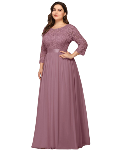 Vestido Elegante de Fiesta Largo Curvy Mauve Lila con Encaje Cuello Redondo Manga 3/4 T.Ch y Tallas Extra