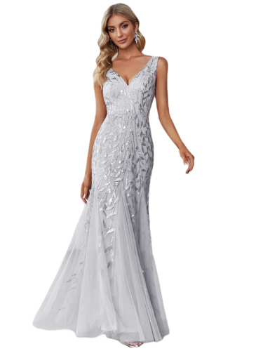 Vestido Elegante de Fiesta Largo Curvy Plata Gris Sirena Lentejuela Sin Manga T.Ch y Tallas Extra