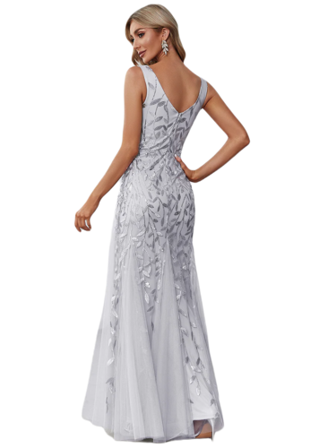 Vestido Elegante de Fiesta Largo Curvy Plata Gris Sirena Lentejuela Sin Manga T.Ch y Tallas Extra