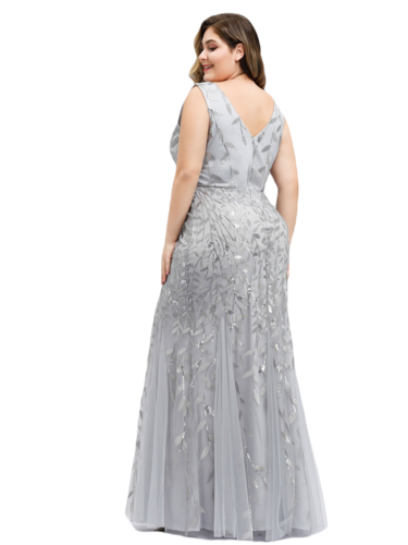 Vestido Elegante de Fiesta Largo Curvy Plata Gris Sirena Lentejuela Sin Manga T.Ch y Tallas Extra