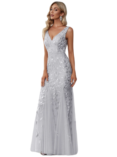 Vestido Elegante de Fiesta Largo Curvy Plata Gris Sirena Lentejuela Sin Manga T.Ch y Tallas Extra