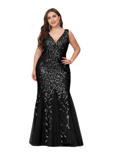 Vestido Elegante de Fiesta Largo Curvy Negro Sirena Lentejuela Sin Manga T.Ch y Tallas Extra
