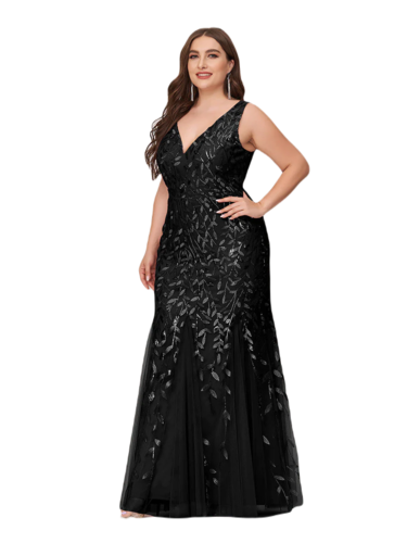 Vestido Elegante de Fiesta Largo Curvy Negro Sirena Lentejuela Sin Manga T.Ch y Tallas Extra