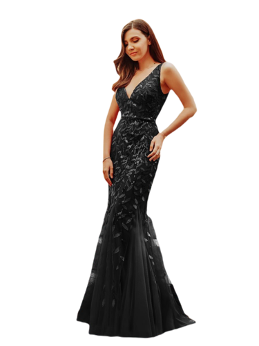 Vestido Elegante de Fiesta Largo Curvy Negro Sirena Lentejuela Sin Manga T.Ch y Tallas Extra