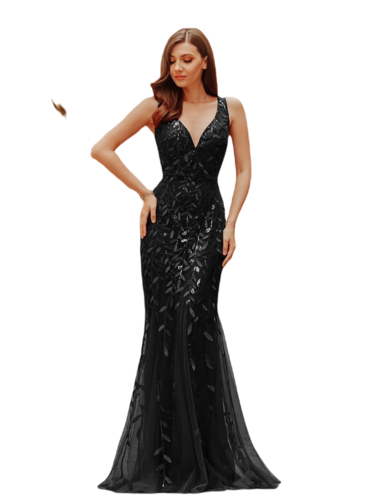 Vestido Elegante de Fiesta Largo Curvy Negro Sirena Lentejuela Sin Manga T.Ch y Tallas Extra
