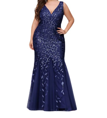 Vestido Elegante de Fiesta Largo Curvy Azul Marino Sirena Lentejuela Sin Manga T.Ch y Tallas Extra