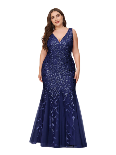 Vestido Elegante de Fiesta Largo Curvy Azul Marino Sirena Lentejuela Sin Manga T.Ch y Tallas Extra