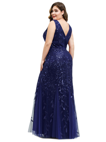 Vestido Elegante de Fiesta Largo Curvy Azul Marino Sirena Lentejuela Sin Manga T.Ch y Tallas Extra