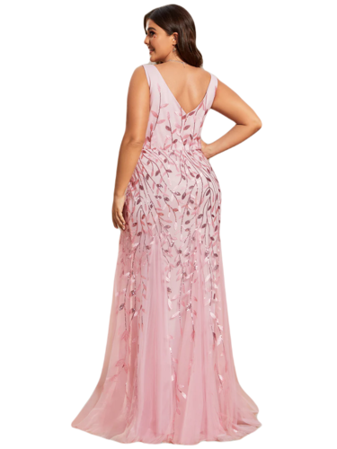 Vestido Elegante de Fiesta Largo Curvy Rosa Palo Sirena Lentejuela Sin Manga T.Ch y Tallas Extra