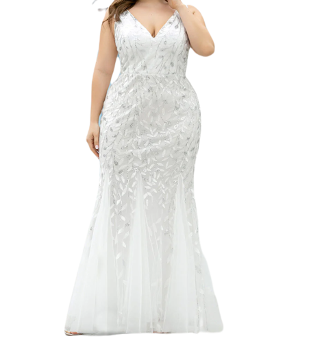Vestido Elegante de Fiesta Largo Curvy Blanco Novia Boda Sirena Lentejuela Sin Manga T.Ch y Tallas Extra