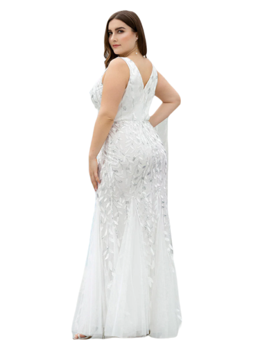Vestido Elegante de Fiesta Largo Curvy Blanco Novia Boda Sirena Lentejuela Sin Manga T.Ch y Tallas Extra