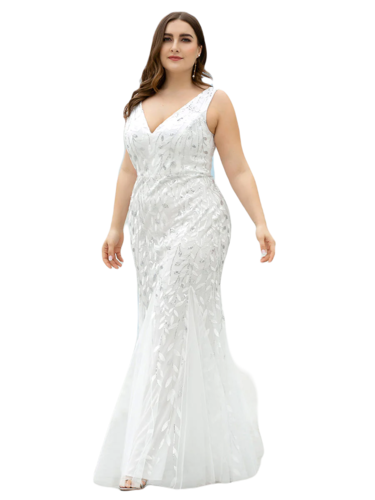 Vestido Elegante de Fiesta Largo Curvy Blanco Novia Boda Sirena Lentejuela Sin Manga T.Ch y Tallas Extra