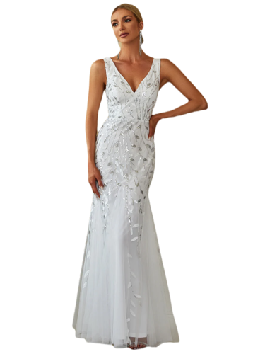 Vestido Elegante de Fiesta Largo Curvy Blanco Novia Boda Sirena Lentejuela Sin Manga T.Ch y Tallas Extra