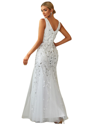 Vestido Elegante de Fiesta Largo Curvy Blanco Novia Boda Sirena Lentejuela Sin Manga T.Ch y Tallas Extra
