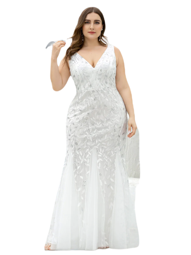 Vestido Elegante de Fiesta Largo Curvy Blanco Novia Boda Sirena Lentejuela Sin Manga T.Ch y Tallas Extra