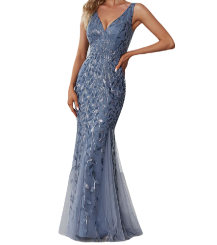Vestido Elegante de Fiesta Largo Curvy Azul Acero Sirena Lentejuela Sin Manga T.Ch y Tallas Extra